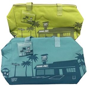 2 Trader Joes Large Reusable Insulated Bag Set 8 Gallon Pasadena Teal Lime Green